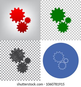 Settings sign illustration. Vector. 4 styles. Red gradient in radial lighted background, green flat and gray scribble icons on transparent and linear one in blue circle.