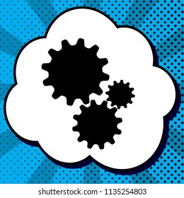 Settings sign illustration. Vector. Black icon in bubble on blue pop-art background with rays.