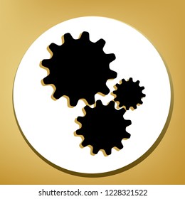 Settings sign illustration. Vector. Black icon with light brown shadow in white circle with shaped ring at golden background.