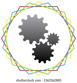 Settings sign illustration. Vector. Black icon with patch of light inside colorful hexagonal frames at white background.
