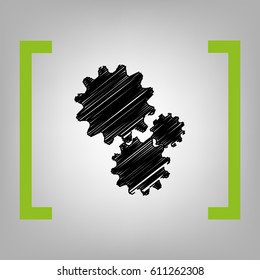 Settings sign illustration. Vector. Black scribble icon in citron brackets on grayish background.