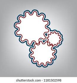 Settings sign illustration. Vector. Dark red, transparent and midnight green stroke of white icon at grayish background.