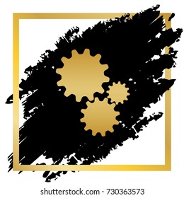 Settings sign illustration. Vector. Golden icon at black spot inside golden frame on white background.