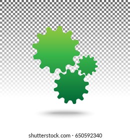 Settings sign illustration. Vector. Green gradient icon with shadow at bottom on transparent and white background.