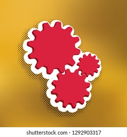 Settings sign illustration. Vector. Magent  gear icon with darker shadow, white sticker and black popart shadow on golden background.