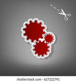 Settings sign illustration. Vector. Red icon with for applique from paper with shadow on gray background with scissors.