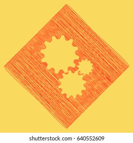 Settings sign illustration. Vector. Red scribble icon obtained as a result of subtraction rhomb and path. Royal yellow background.