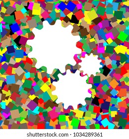 Settings sign illustration. Vector. White icon on colorful background with seamless pattern from squares.