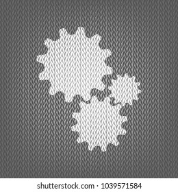 Settings sign illustration. Vector. White knitted icon on gray knitted background. Isolated.