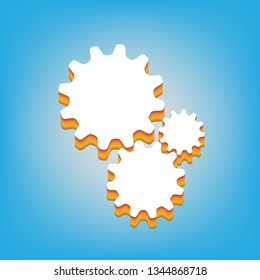 Settings sign illustration. Vector. White icon with 3d warm-colored gradient body at sky blue background.