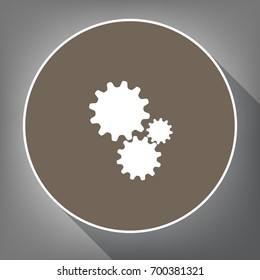 Settings sign illustration. Vector. White icon on brown circle with white contour and long shadow at gray background. Like top view on postament.