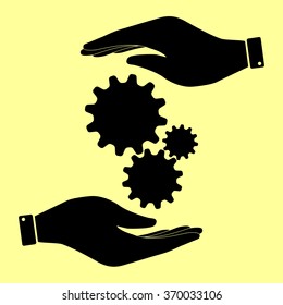 Settings sign. Save or protect symbol by hands.
