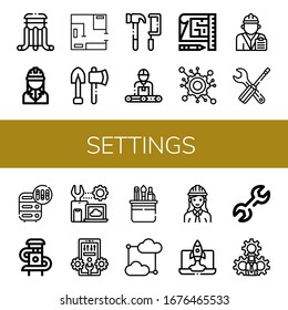 settings simple icons set. Contains such icons as Slider, Engineer, Blueprint, Tools, Engineering, Settings, Adjustment, Configuration, Cloud computing, can be used for web, mobile and logo