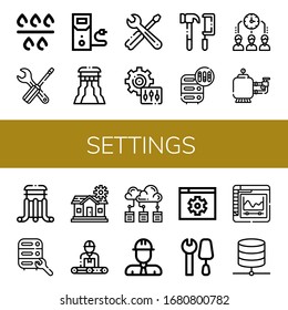 configuración de iconos simples. Contiene iconos como Filtro, Configuración, Datos de caso, Control deslizante, Herramientas, Configuración, Ajuste, Administración de tiempo, Mantenimiento, que se pueden utilizar para web, móvil y logotipo