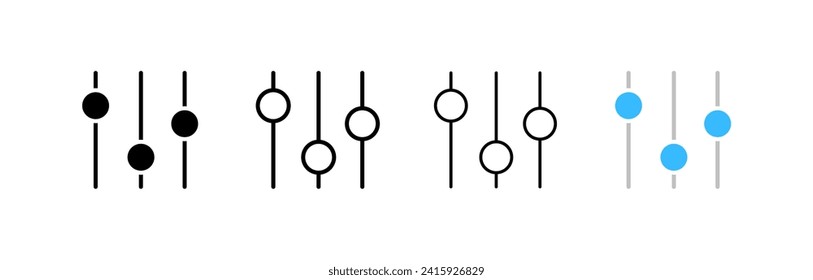 Settings slider icons. Different styles, vertical sliders settings button icons. Vector icons