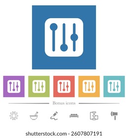 Settings Sliders flat white icons in square backgrounds. 6 bonus icons included.