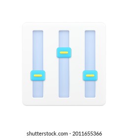 Settings sliders icon 3d. Media control interface with triple volume. Equalizer of power of musical and voice sounding. Digital panel for balanced settings. Mixer switches. Realistic isolated vector