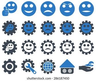 Settings and Smile Gears Icons. Vector set style: bicolor flat images, smooth blue colors, isolated on a white background.