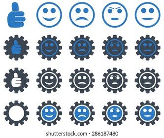 Settings and Smile Gears Icons. Vector set style: bicolor flat images, smooth blue colors, isolated on a white background.