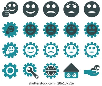 Settings and Smile Gears Icons. Vector set style: bicolor flat images, soft blue colors, isolated on a white background.