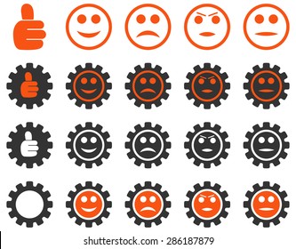 Settings and Smile Gears Icons. Vector set style: bicolor flat images, orange and gray colors, isolated on a white background.