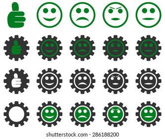 Settings and Smile Gears Icons. Vector set style: bicolor flat images, green and gray colors, isolated on a white background.