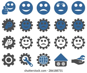 Settings and Smile Gears Icons. Vector set style: bicolor flat images, cobalt and gray colors, isolated on a white background.