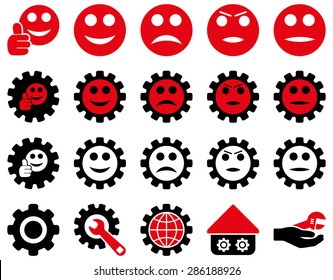 Settings and Smile Gears Icons. Vector set style: bicolor flat images, intensive red and black colors, isolated on a white background.