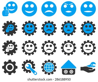 Settings and Smile Gears Icons. Vector set style: bicolor flat images, blue and gray colors, isolated on a white background.