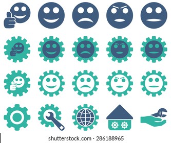 Settings and Smile Gears Icons. Vector set style: bicolor flat images, cobalt and cyan colors, isolated on a white background.