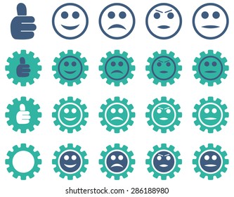 Settings and Smile Gears Icons. Vector set style: bicolor flat images, cobalt and cyan colors, isolated on a white background.