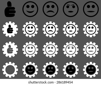 Settings and Smile Gears Icons. Vector set style: bicolor flat images, black and white colors, isolated on a gray background.