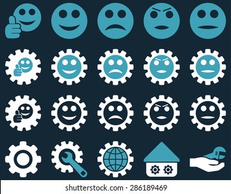 Settings and Smile Gears Icons. Vector set style: bicolor flat images, blue and white colors, isolated on a dark blue background.
