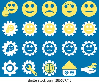 Settings and Smile Gears Icons. Vector set style: bicolor flat images, yellow and white colors, isolated on a blue background.