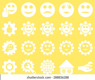 Settings and Smile Gears Icons. Vector set style: flat images, white color, isolated on a yellow background.