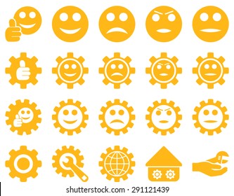 Settings and Smile Gears Icons. Vector set style: flat images, yellow color, isolated on a white background.