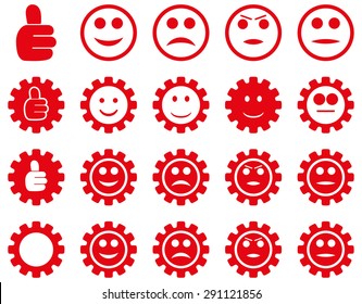 Settings and Smile Gears Icons. Vector set style: flat images, red color, isolated on a white background.