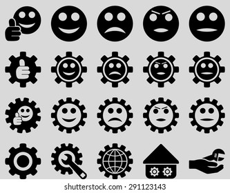 Settings and Smile Gears Icons. Vector set style: flat images, black color, isolated on a light gray background.