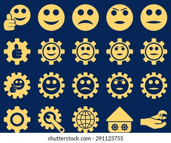 Settings and Smile Gears Icons. Vector set style: flat images, yellow color, isolated on a blue background.