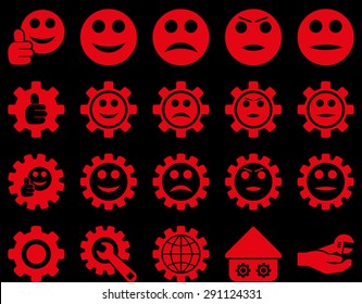 Settings and Smile Gears Icons. Vector set style: flat images, red color, isolated on a black background.