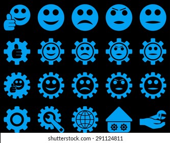 Settings and Smile Gears Icons. Vector set style: flat images, blue color, isolated on a black background.