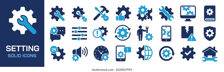 Settings solid icons collection. Containing configuration, maintenance, service, tools, wrench, gear. Perfect pixel on transparent background. Vector illustration.