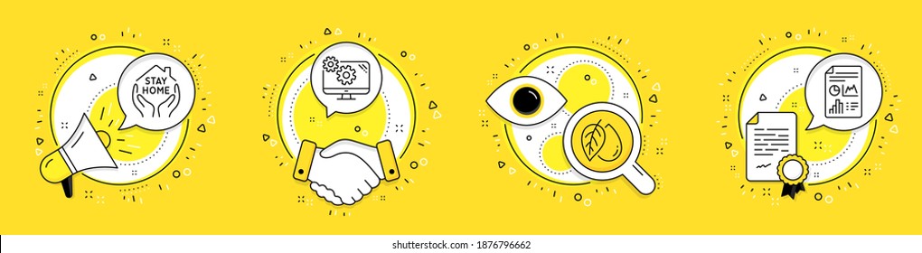 Settings, Stay home and Mineral oil line icons set. Megaphone, licence and deal vector icons. Report document sign. Cogwheel tool, Coronavirus quarantine, Organic tested. Growth chart. Vector