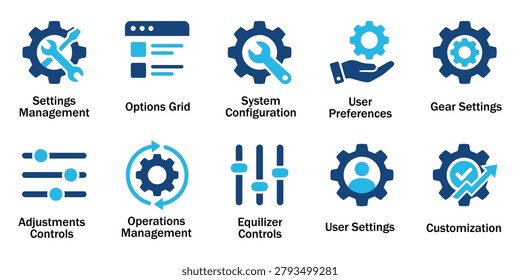 Settings and System Configuration solid Icons. Vector Illustration of Flat Blue Management, Options Grid, User Preferences, Equalizer Controls, and Customization Technology Template.