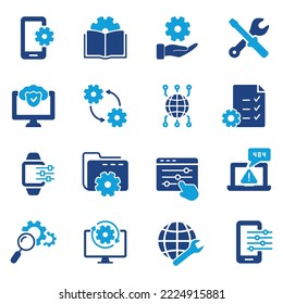 Settings, Tech Support and Options Color Silhouette Icon. Gear, Screwdriver and Wrench Icons. Setup, Repair and Settings Icon Set. Isolated Vector illustration.