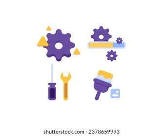 settings, themes, updates, maintenance process. collection or set. gear, loading, screwdriver, wrench, paint brush. icon or symbol. flat style design concept. vector elements. white background