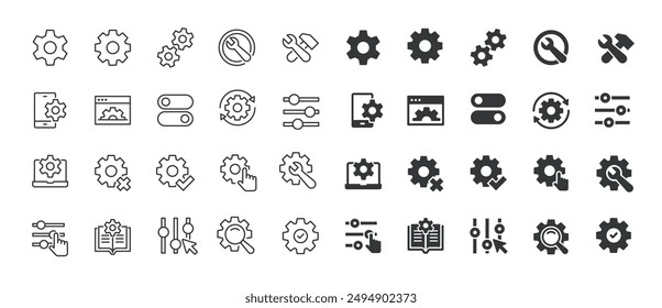 Einstellungen Dünne Linie und Glyphe durchgezogene Symbole Kollektion. Enthalten Konfiguration, Wartung, Service, Werkzeuge, Schraubenschlüssel, Getriebe. Für Website-Marketing-Design, Logo, App, Vorlage, UI, etc.