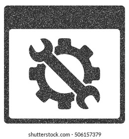 Settings Tools Calendar Page grainy textured icon for overlay watermark stamps. Flat symbol with unclean texture. Dotted vector gray ink rubber seal stamp with grunge design on a white background.