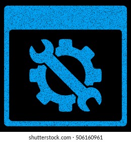 Settings Tools Calendar Page grainy textured icon for overlay watermark stamps. Flat symbol with dirty texture. Dotted vector blue ink rubber seal stamp with grunge design on a black background.