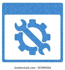 Settings Tools Calendar Page grainy textured icon for overlay watermark stamps. Flat symbol with dirty texture. Dotted vector cobalt ink rubber seal stamp with grunge design on a white background.